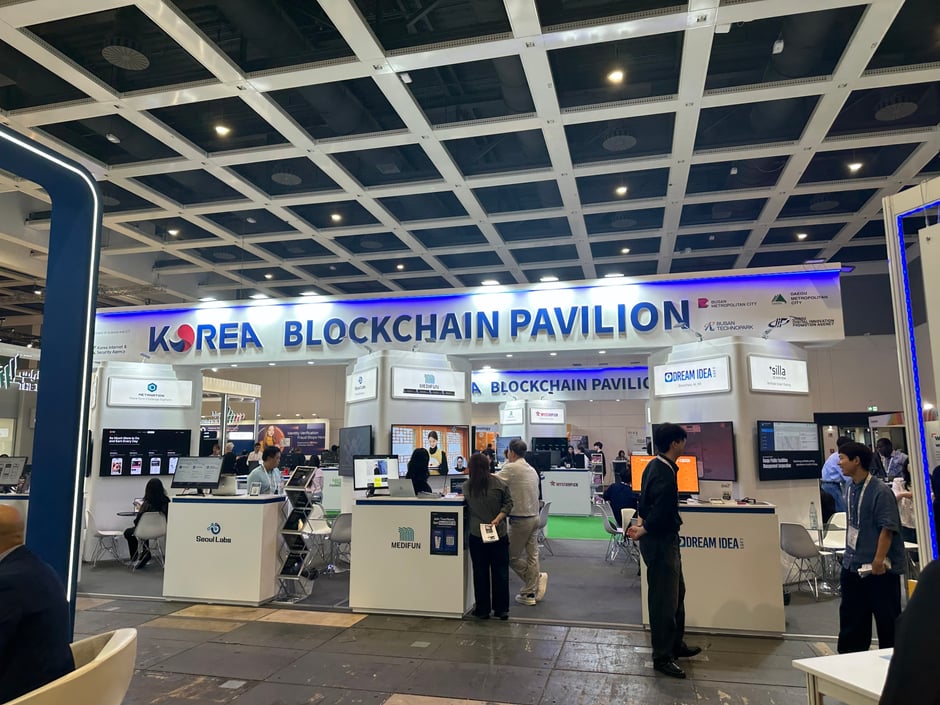 Korea Blockchain Pavilion auf der GITEX Europe 2026 in Berlin mit Messeständen koreanischer Technologieunternehmen.