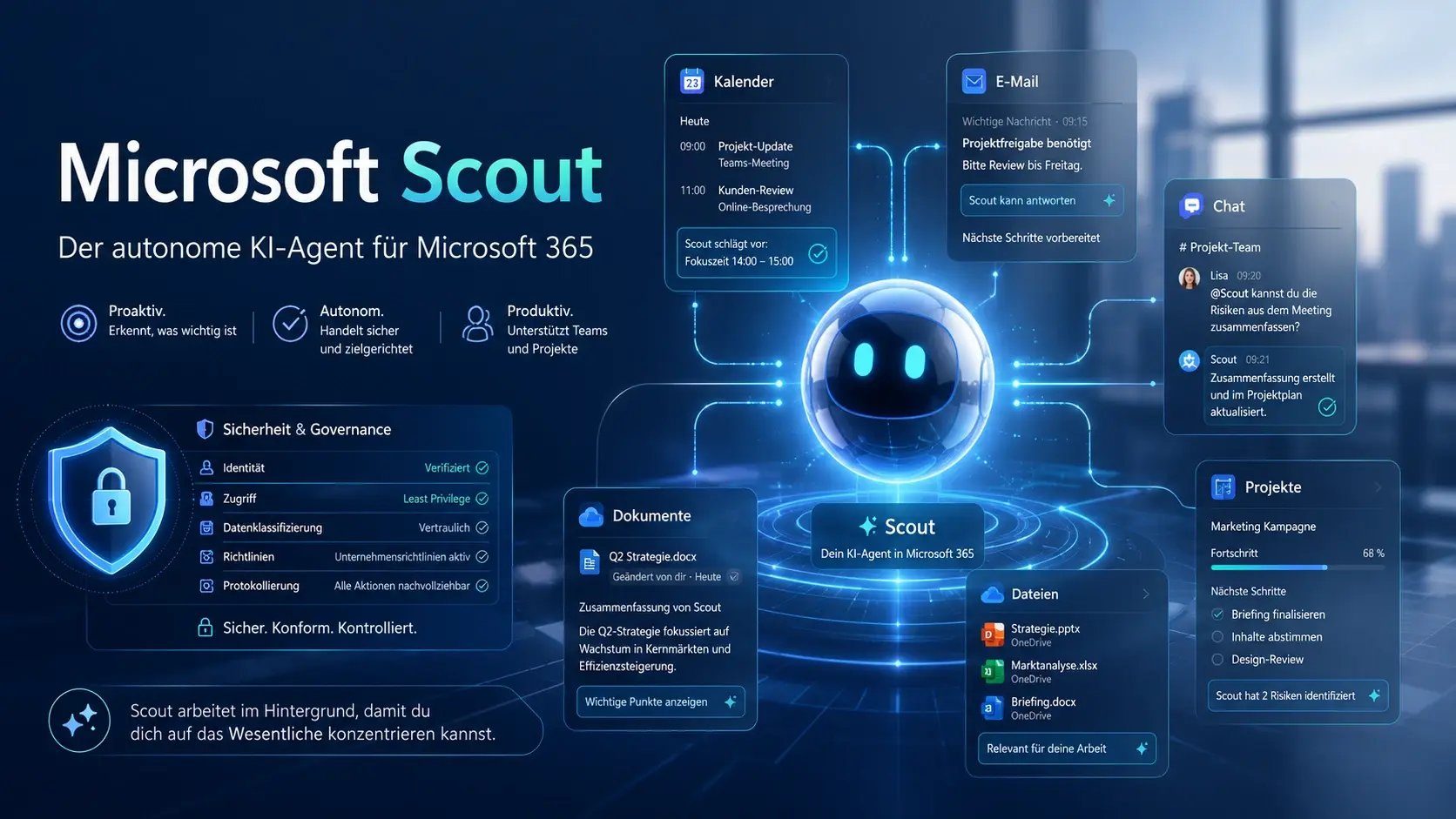 Illustration von Microsoft Scout als autonomem KI-Agenten, der Kalender, E-Mails, Chats, Dokumente und Projekte in Microsoft 365 verknüpft.