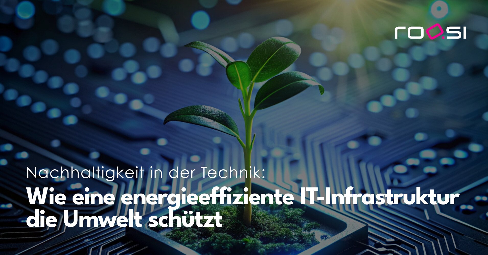 Grünes Pflänzchen wächst aus einem Computerchip, symbolisiert nachhaltige IT-Infrastruktur zum Umweltschutz. Text: 